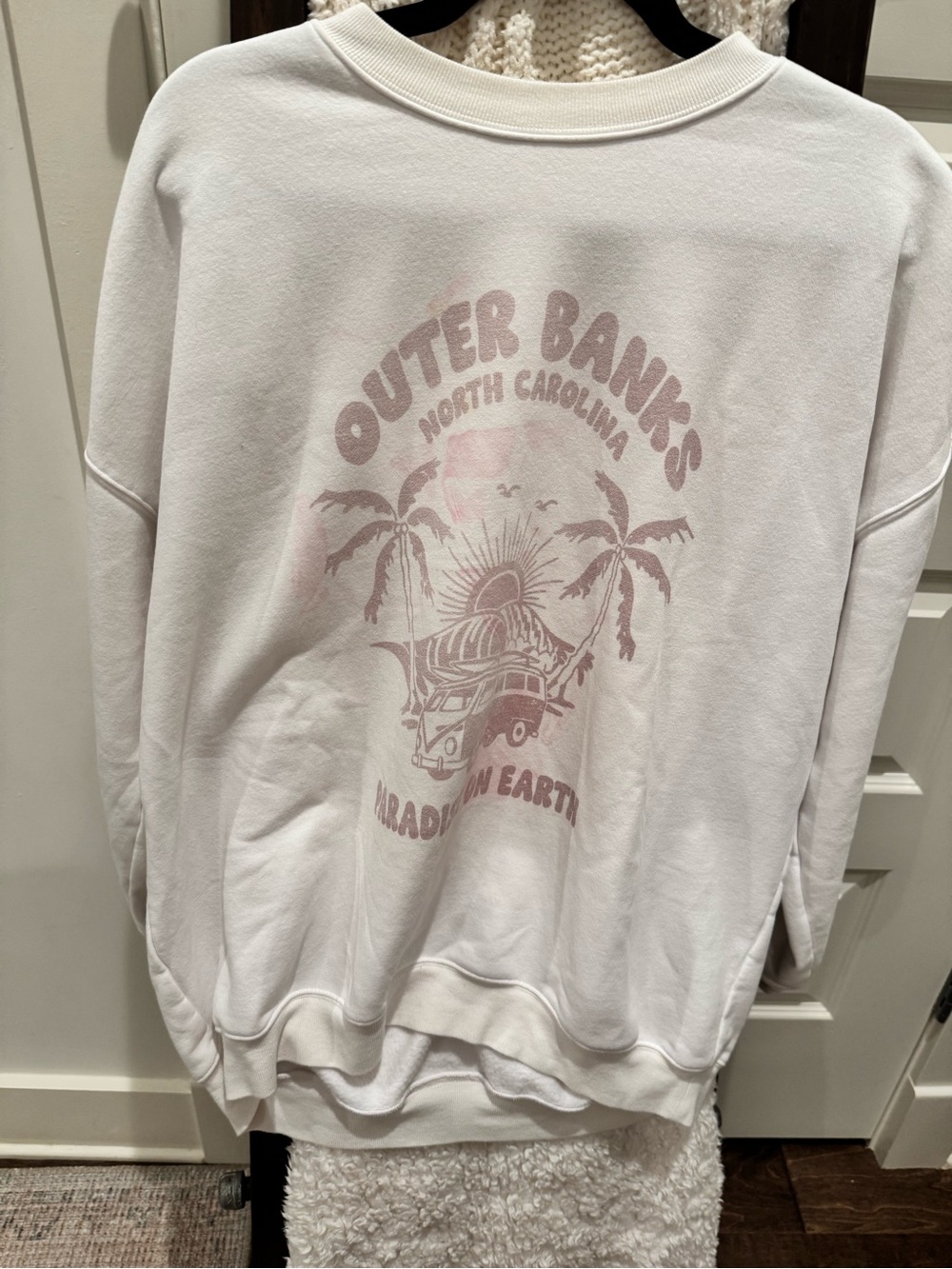 Pink Lily White Crewneck Sweatshirt with Light Pink Outer Banks Graphic
